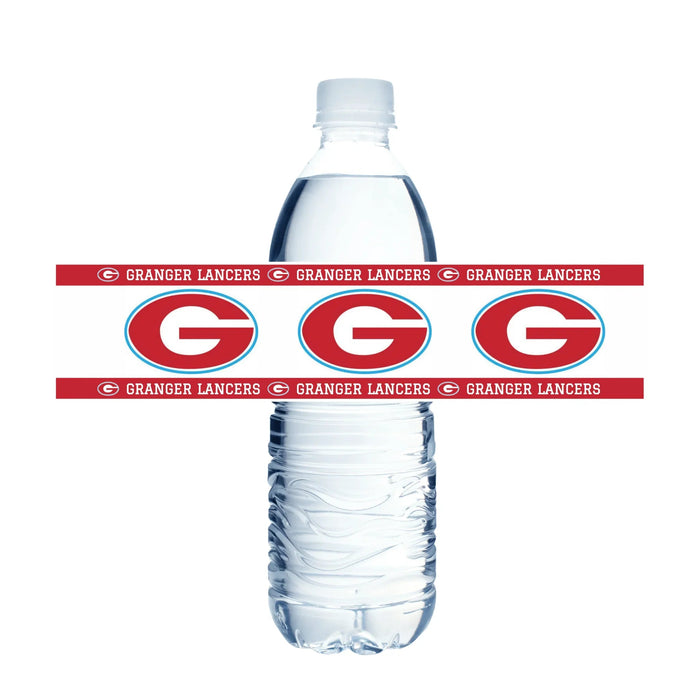 Clear plastic water bottle wrapped with red and blue Granger Lancers logo bands featuring three oval G emblems arranged horizontally around the middle.