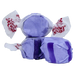 Purple and white wrapped taffy candies with red text labels, displayed in a pile showing the spherical purple candies and white wrapper details.
