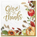 Pack of 36 Thanksgiving napkins featuring gold "Give thanks" script text surrounded by watercolor autumn botanicals including red apples, orange pumpkins, wheat, and fall leaves on a cream background with gold trim.