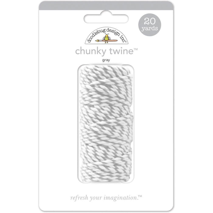 Packaging for gray chunky twine containing 20 yards, displayed in a clear window showing the twisted gray and white cord wound on a spool.
