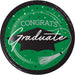 Round green paper plate with black rim featuring "CONGRATS Graduate" text, a black mortarboard cap, white confetti, and a paintbrush design.