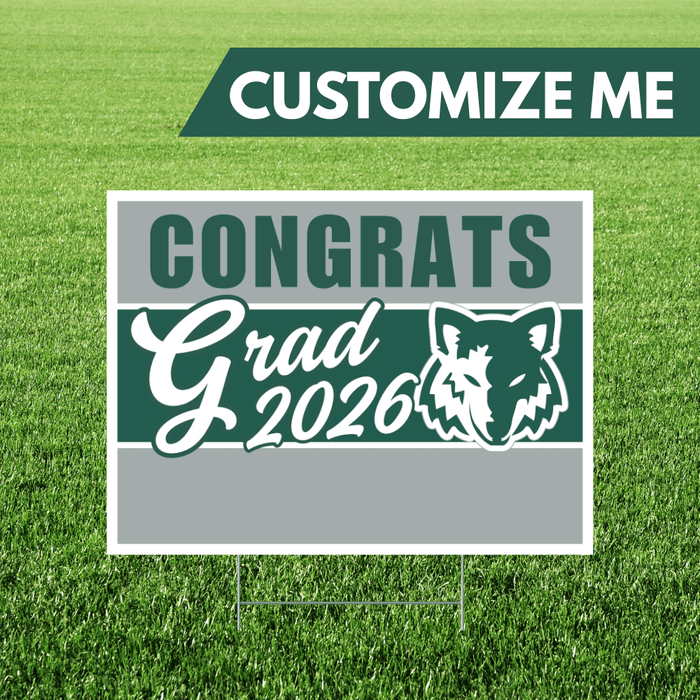 Graduation-themed sign with 'Congrats Grad 2026' on a grass background