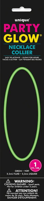 Green glow necklace in packaging showing a bright lime green tube-shaped necklace against black background with colorful Party Glow branding and safety warnings.