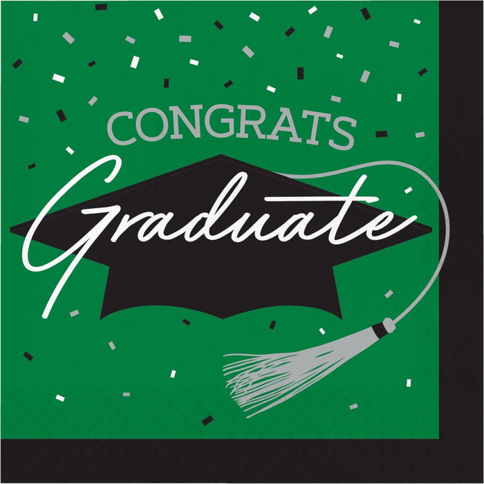 Green luncheon napkins with "Congrats Graduate" text, black mortarboard cap, white tassel, and confetti design, 36 count.