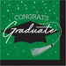 Green luncheon napkins with "Congrats Graduate" text, black mortarboard cap, white tassel, and confetti design, 36 count.