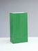 Green kraft paper bag with flat bottom and folded top standing upright against white background.