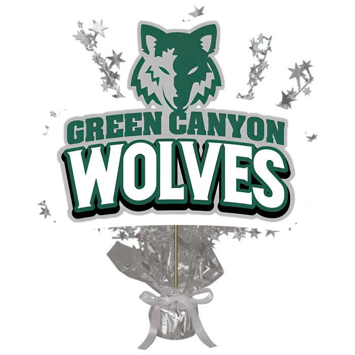 Green Canyon Wolves school logo centerpiece spray featuring a green wolf head with silver stars and a clear cellophane-wrapped base with ribbon bow.
