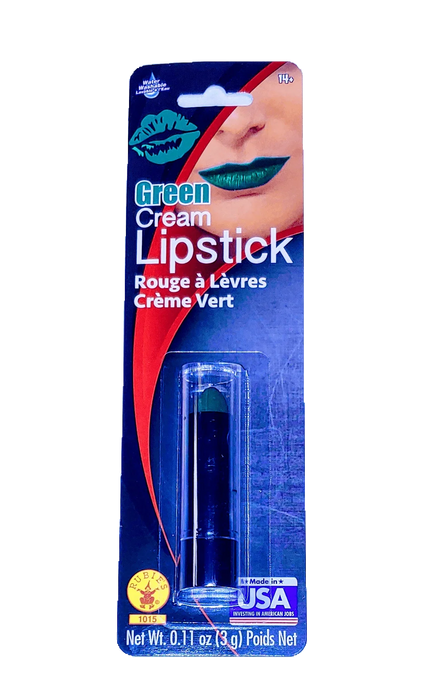 Green cream lipstick in a dark cylindrical tube displayed on blue and red branded packaging with a swatch showing the teal-green shade on model lips.