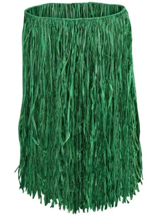 Green raffia hula skirt with fringe strands hanging from an elastic waistband, displayed against a white background.
