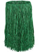 Green raffia hula skirt with fringe strands hanging from an elastic waistband, displayed against a white background.