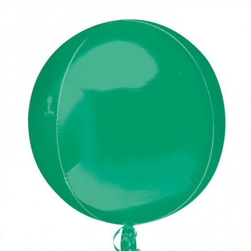Large spherical green foil balloon with a shiny finish and gathered tie at the bottom.