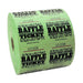 Roll of bright green raffle tickets with black text reading "RAFFLE TICKET" and "KEEP THIS COUPON REDEEM FOR PRIZES," numbered sequentially from Indiana Ticket Co.