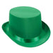 Bright green satin top hat with a glossy finish and wide brim, displayed at an angle against a white background.