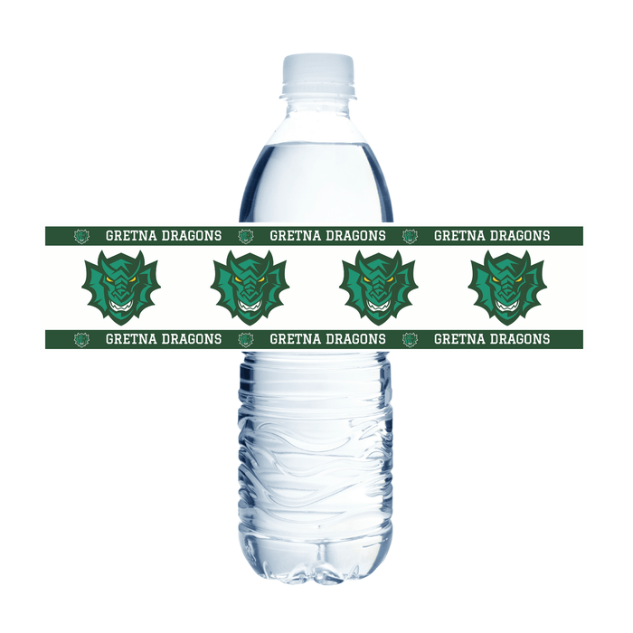 Clear water bottle with Gretna Dragons labels on a white background
