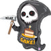 Grim reaper-shaped foil balloon with skull face, red eyes, black hood, holding a scythe labeled "RELAX," displaying a birthday cake and text reading "I'm just here for the CAKE.