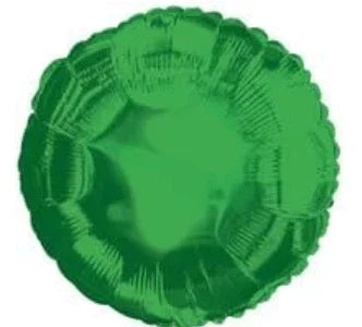 Bright green round mylar balloon with a shiny metallic finish and ribbed texture throughout the surface.