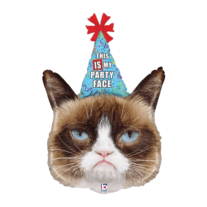 Grumpy Cat face-shaped mylar balloon with blue party hat reading "This Is My Party Face" and red bow on top.
