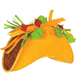 Yellow taco-shaped party decoration with brown filling, topped with green cilantro, red diced tomatoes, and orange cheese strips.