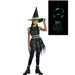 Girl wearing a black and neon green witch costume with a sparkly pointed hat, green-trimmed black top, sequined skirt with tulle, black tights, and black lace-up boots, shown in regular light and glowing in the dark on the right.