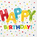 Colorful foil letter balloons spelling "HAPPY" in red, yellow, blue, and green above the word "BIRTHDAY" in multicolored letters, surrounded by confetti and stars on a white napkin.