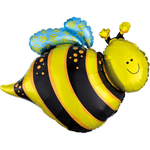 Yellow and black striped mylar balloon shaped like a smiling bee with yellow flowers on its head and raised arms.