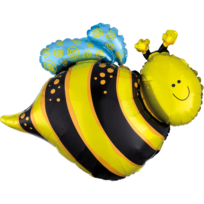 Yellow and black striped mylar balloon shaped like a smiling bee with yellow flowers on its head and raised arms.