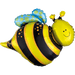 Yellow and black striped mylar balloon shaped like a smiling bee with yellow flowers on its head and raised arms.