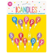 Thirteen colorful balloon-shaped birthday candles with white sticks, each featuring a letter spelling "Happy Birthday" arranged on a bright yellow background.