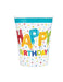 White disposable cup with colorful inflated balloon letters spelling "HAPPY BIRTHDAY" surrounded by confetti and stars, topped with a turquoise rim.