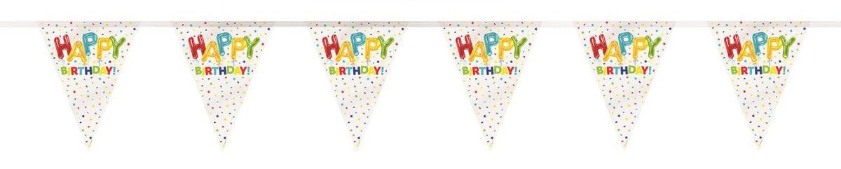 Six colorful "Happy Birthday" pennant flags strung in a line, each white triangle printed with rainbow letters and confetti dots.