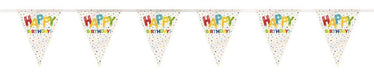 Six colorful "Happy Birthday" pennant flags strung in a line, each white triangle printed with rainbow letters and confetti dots.