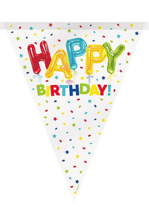 White triangular pennant banner with colorful foil letter balloons spelling "HAPPY" in red, yellow, turquoise, and green, "BIRTHDAY" in multicolored text below, surrounded by confetti and stars.