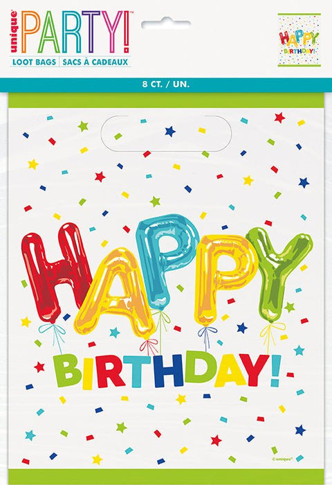 Pack of eight colorful foil letter balloons spelling "HAPPY" in red, yellow, teal, and green with "BIRTHDAY!" text below, surrounded by confetti and stars on white packaging.