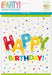 Pack of eight colorful foil letter balloons spelling "HAPPY" in red, yellow, teal, and green with "BIRTHDAY!" text below, surrounded by confetti and stars on white packaging.
