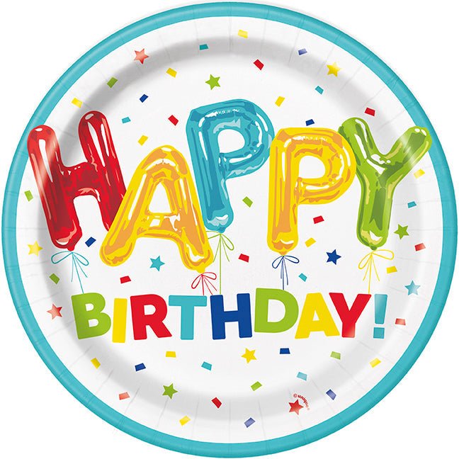 Turquoise-rimmed paper plate featuring colorful foil balloon letters spelling "Happy Birthday" with confetti and stars scattered across a white background.