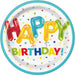Turquoise-rimmed paper plate featuring colorful foil balloon letters spelling "Happy Birthday" with confetti and stars scattered across a white background.
