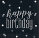 Pack of 16 black cocktail napkins with silver "happy birthday" text and white and gray polka dot designs throughout.