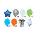 Blue star foil balloon with colorful "Happy Birthday" text surrounded by 3 silver, 3 light blue, 2 green, 2 cyan, 2 orange latex balloons, a black and silver tassel weight, and a clear balloon pump.
