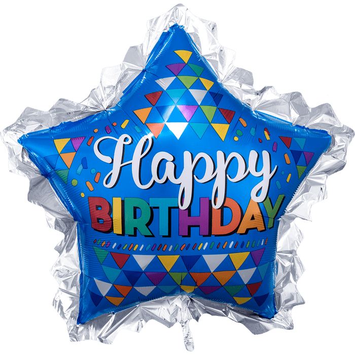 Blue star-shaped mylar balloon with "Happy Birthday" text in white and multicolored letters, decorated with colorful triangle patterns and confetti designs, surrounded by clear cellophane wrapping.