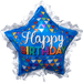 Blue star-shaped mylar balloon with "Happy Birthday" text in white and multicolored letters, decorated with colorful triangle patterns and confetti designs, surrounded by clear cellophane wrapping.