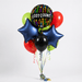 Colorful balloon bouquet featuring a central "Lost Count" sphere with candle designs, navy star-shaped balloons, lime green and red round balloons, a black sphere, and curled ribbon strings in coordinating colors.