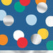 Blue napkin with multicolored polka dots in yellow, red, orange, green, and silver arranged in a playful pattern.
