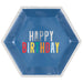 Blue hexagon-shaped paper plate with "HAPPY BIRTHDAY" text in white and multicolored letters.