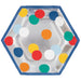 Hexagonal paper plates with a blue border featuring colorful polka dots in red, yellow, teal, navy, light blue, white, and orange arranged around the white center.