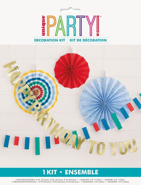 Colorful party decoration kit featuring three paper fan medallions in red, blue, and yellow with gold and multicolored bunting garlands spelling "Happy Birthday" against a white background.