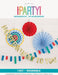 Colorful party decoration kit featuring three paper fan medallions in red, blue, and yellow with gold and multicolored bunting garlands spelling "Happy Birthday" against a white background.