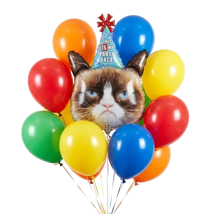 Happy Birthday Grumpy Cat balloon bouquet with large Grumpy Cat party hat balloon and colorful red, yellow, blue, green, and orange balloons.