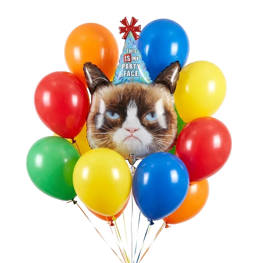Happy Birthday Grumpy Cat balloon bouquet with large Grumpy Cat party hat balloon and colorful red, yellow, blue, green, and orange balloons.