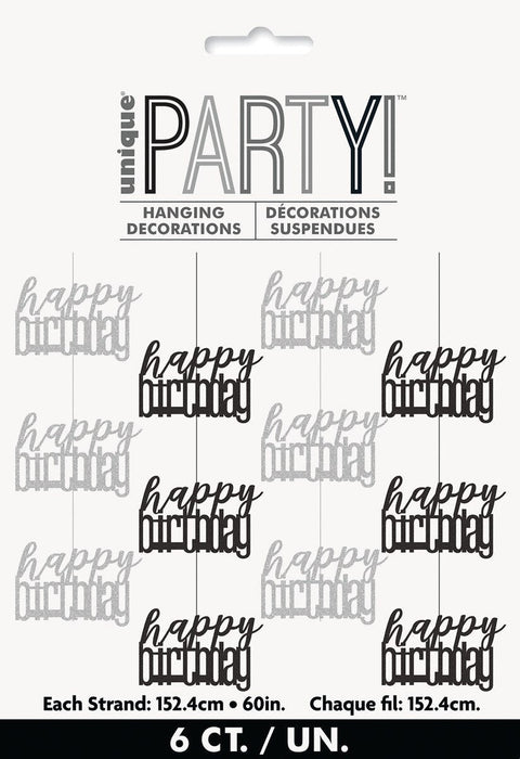 Package of six hanging birthday decorations in alternating silver and black glitter "happy birthday" text designs, each strand measuring 152.4 centimeters long.