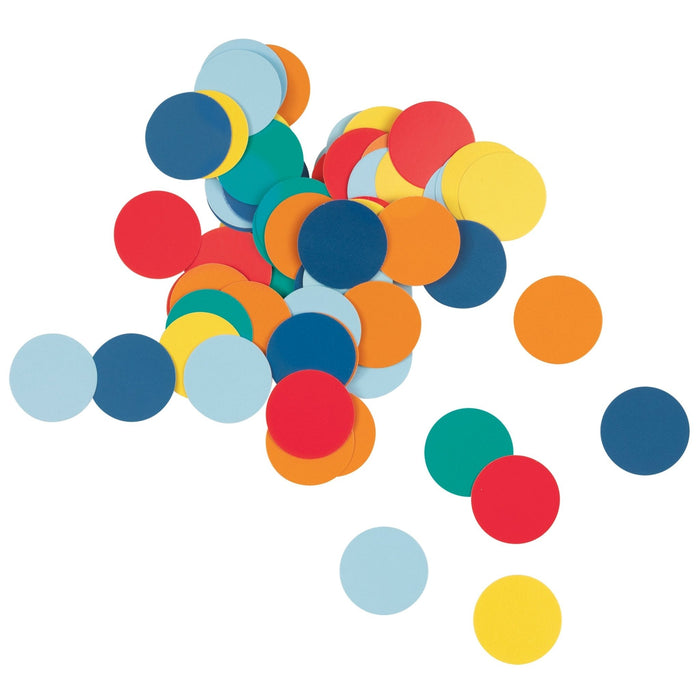 Colorful paper confetti circles in light blue, dark blue, yellow, red, orange, and teal scattered on a white background.
